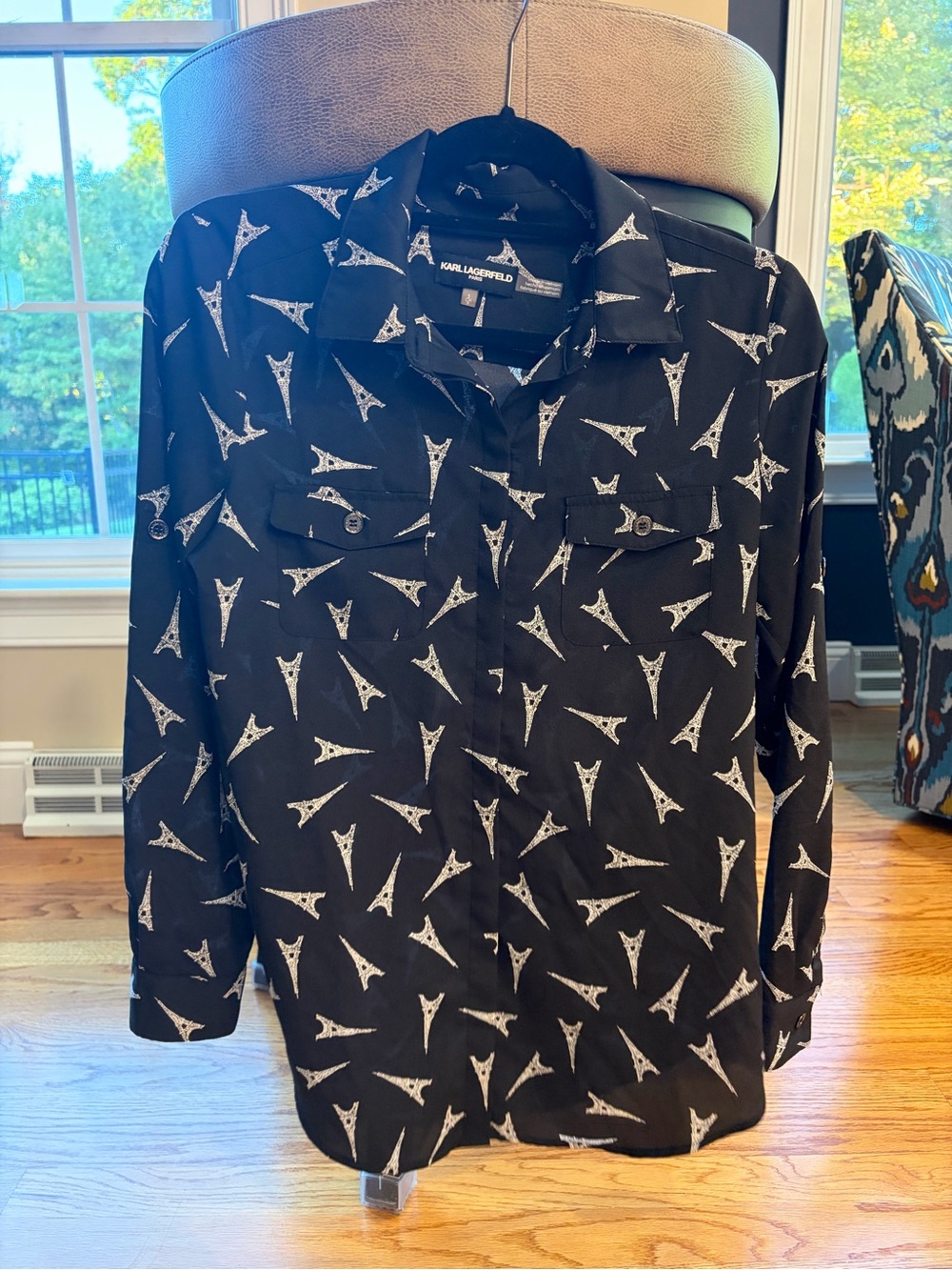 Karl Lagerfeld Black Eiffel Tower Print Long-Sleeve Button-Down Shirt
